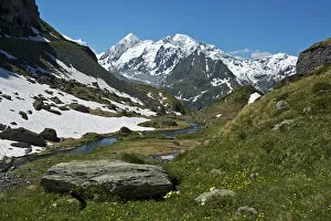Valley with the Louvie stream in an alpine landscape with the peaks of Combin de Corbassiere Mountain, left