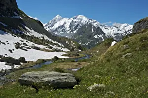 High Mountain Range Prints: Valley with the Louvie stream in an alpine landscape with the peaks of Combin de Corbassiere Mountain