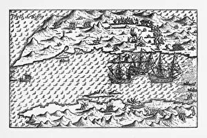 Images Dated 28th July 2016: Van Noort at Porto Deseado Historical Map of 1598