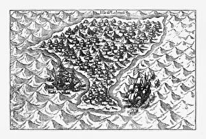 103626 Collection: Van Noort Sailing the Marianne Islands, Engraving 1600