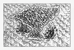 Van Noort Sailing the Marianne Islands, Engraving 1600