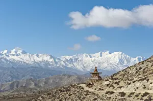 Mountain Chain Prints: Vast landscape with stupa, the snow-covered mountains of the Annapurna Range at back