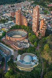 Prints of A vertical aerial view of the famous Santamaria Bullfighting arena and the surrounding buildings in Bogota, Colombia Aerial Art Prints: Vertical aerial view of the famous Santamaria Bullfighting arena and the surrounding buildings