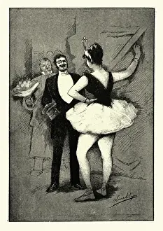 Victorian admirer bringing flowers to showgirl ballerina after the show 19th Century