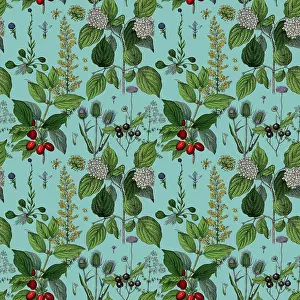 Prints of Victorian Botanical, Hand-Colored, Seamless pattern. Realistic blooming isolated flowers, Vintage fabric background. Beautiful Cottage Garden and wildflowers. Wallpaper baroque. Drawing engraving The Magical World Of Illustration Prints: Victorian Botanical, Hand-Colored