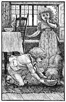Images Dated 10th July 2013: Victorian children feeding a dog
