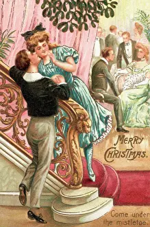Victorian Christmas Card: Merry Christmas-Come under the mistletoe