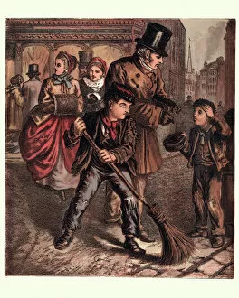 Northern Europe Collection: Victorian London boys begging and sweeping street, 1870