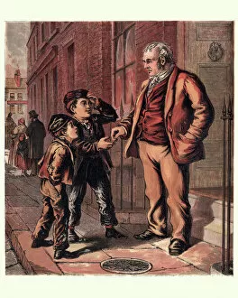 Colours Collection: Victorian London orphan boy begging on the street, 1870