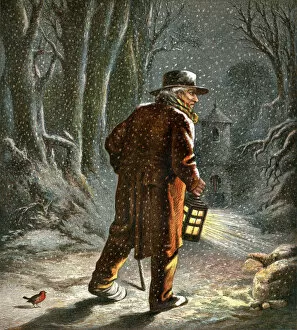 Images Dated 27th December 2016: Victorian man walking through snowy woodland with a lantern