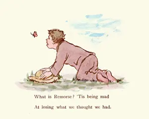 Catching Prints: Victorian satirical cartoon, Boy failing to catch a butterfly