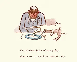 Victorian Satire Prints: Victorian satirical cartoon, Cat stealing man lunch