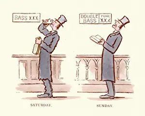 Singer Prints: Victorian satirical cartoon, Indulgence and Abstinence, Saturday drinks, Sunday sings