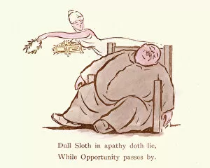 Images Dated 5th June 2018: Victorian satirical cartoon, sloth in apathy While Opportunity passes by