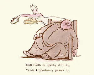 Resting Prints: Victorian satirical cartoon, sloth in apathy While Opportunity passes by