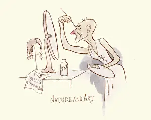 Victorian satirical cartoon Of an ugly woman putting on make-up