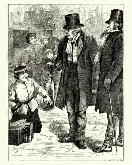 Images Dated 1st August 2017: Victorian shoeshine boy offering to polish a mans shoes, 1870