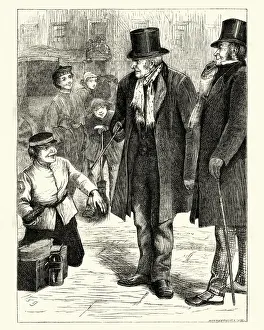Victorian shoeshine boy offering to polish a mans shoes, 1870