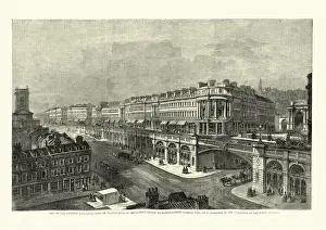 Prints of Vintage illustration, View of the Proposed High Level Road or Viaduct from St. Sepulchres Church to Hatton Garden Looking West, London, 1860s Viaduct View Prints: Victorian urban architecture, High Level Road or Viaduct from St
