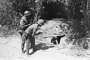 Laos Prints: Vietnamese Soldiers Peering Into Bunker