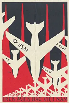 Prints of North Vietnamese propaganda poster, with a graphic design depicting airplanes with United States Air Force (USAF) markings, silhouetted against dark bombs, both crashing downwards Vietnam War Prints: Vietnamese USAF Bombers