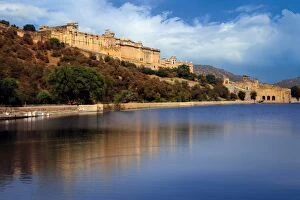 Surrounding Gallery: View of Amber Palace (Amber Fort) and Maota Lake, Jaipur, Rajasthan, India