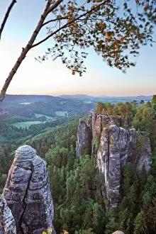 View from the Bastei rock formation in the morning light, Saxon Switzerland National Park, Saxon Switzerland region