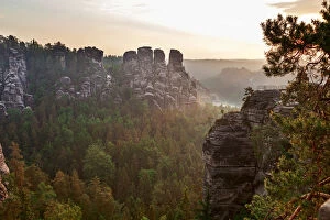 Break Of Dawn Gallery: View from the Bastei rock formation, Saxon Switzerland National Park, Saxon Switzerland region