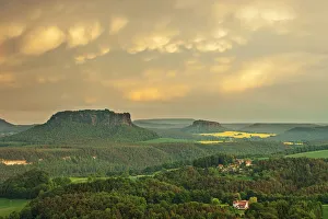 Break Of Dawn Gallery: View from the Bastei rock formation, stormy mood, Saxon Switzerland National Park