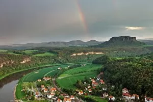 View from the Bastei rock formation, stormy mood, Saxon Switzerland National Park, Saxon Switzerland region, Saxony