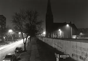 View over the Berlin Wall in the winter of 1985, Bernauer Strasse with the Church