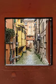 Images Dated 22nd February 2016: View to the canal through square window, Bologna, Emilia-Romagna, Italy