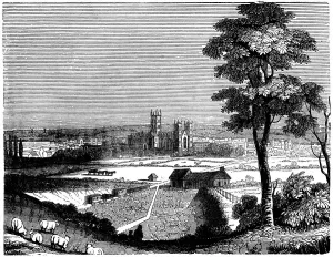 Prints of Scanned from Old England by Charles Knight, published in 1845.Canterbury Cathedral, Mother Church of the Anglican Communion and seat of the Archbishop of Canterbury The Canterbury Tales By Geoffrey Chaucer (c. 1345–1400) Prints: View of Canterbury Cathedral (engraved Victorian illustration)