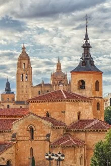 Images Dated 16th August 2015: A view of the Church of San Millan and the Segovia Cathedral in the background