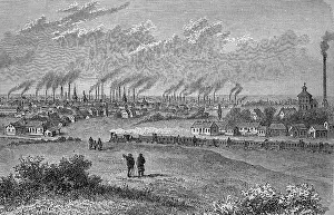 View of the city of Essen, Ruhr area, North Rhine-Westphalia, Germany, in 1881, Historic, digital reproduction of an original 19th-century painting