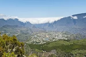 View over the city and the For?t du Grand Matarum forest, Cirque de Cilaos, Cilaos, La Reunion, Reunion, France