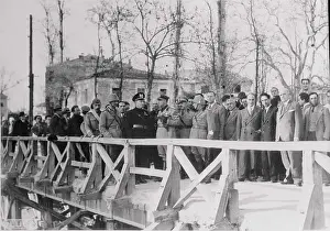Albania Prints: View of Count Ciano and Troops on Bridge
