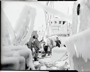 View of Fishing Ship Covered with Ice Print, Boston Harbor. Art
