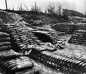 Prints of Verdun, France: French artillery shell depot near Verdun during World War I. Undated photo Unveiling History: View of French Army Artillery Shell Depot