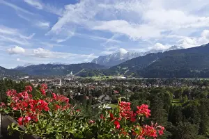 Oberbayern Prints: View of Garmisch-Partenkirchen as seen from Kriegergedaechtniskapelle memorial chapel