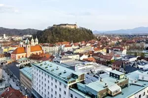 View across the historic centre with the castle hill and the castle, landmarks of Ljubljana, Slovenia