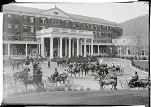 Lodgings Prints: View of Horses with Carriages Outside Hotel