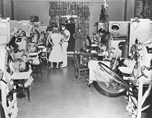 Poliomyelitis Prints: View of Hospital Room with Employees and Equipment