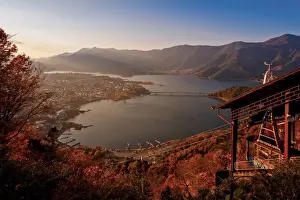 Lake Kawaguchi Prints: Top view of Kawaguchi lake from ropeway station