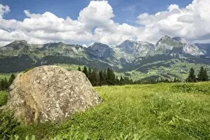View from Klangweg or Sound Trail on Toggenburg Mountain towards the Alpstein Mountains with Saentis Mountain, Wildhaus