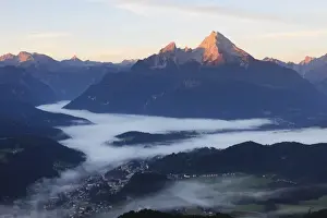 View from Kneifelspitze mountain across Berchtesgaden towards Watzmann mountain, in the morning, Berchtesgaden Alps, Berchtesgaden, Upper Bavaria, Germany, Europe