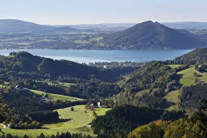 View of lake Attersee as seen from Kienesberg mountain, Weyregg in the foreground, Salzkammergut region, Upper Austria