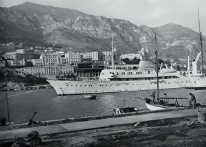 Monaco Prints: View of Large Yacht Arriving at Shore
