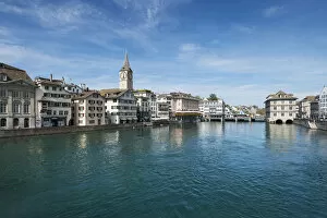 View of the Limmat river with the old town promenade, Zurich, Canton Zurich, Switzerland, Europe