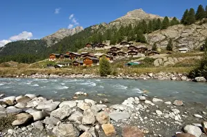 Mountain Hut Prints: View across the Lonza river towards the mountain huts of the Gletscherstafel hamlet